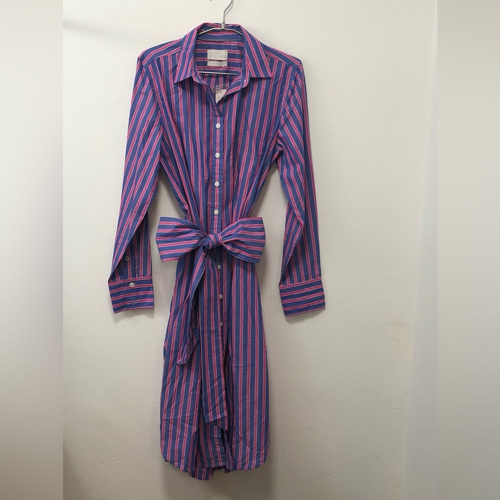J. Crew Striped Purple and Pink Button-Up Shirt Dress, size 4, back length 43”.